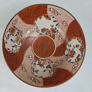 Japanese Kutani Porcelain Bowl Orange Pink Gold White Florals Vintage